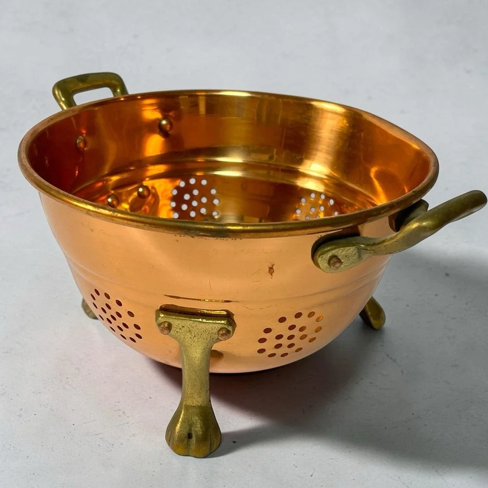 Vintage Cottage Copper And Brass Claw Footed Colander Strainer Handles 3.5